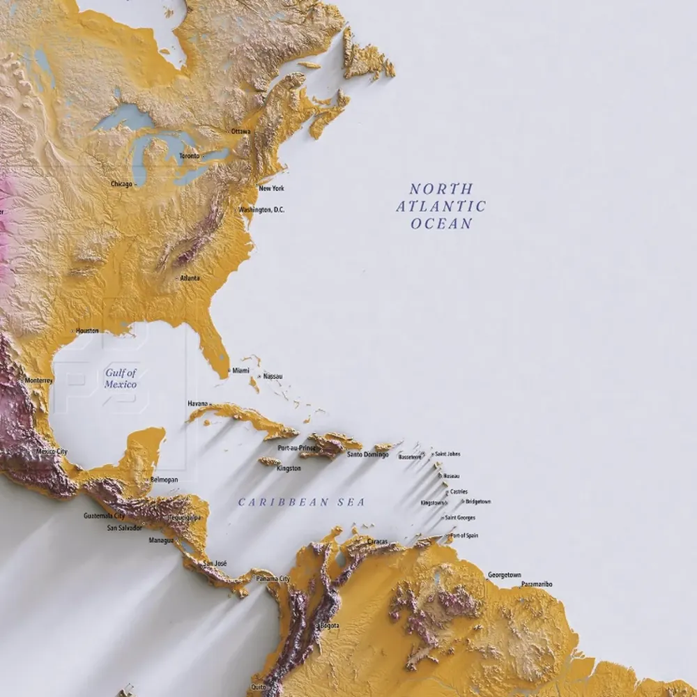 Relief map of North, Central and South America