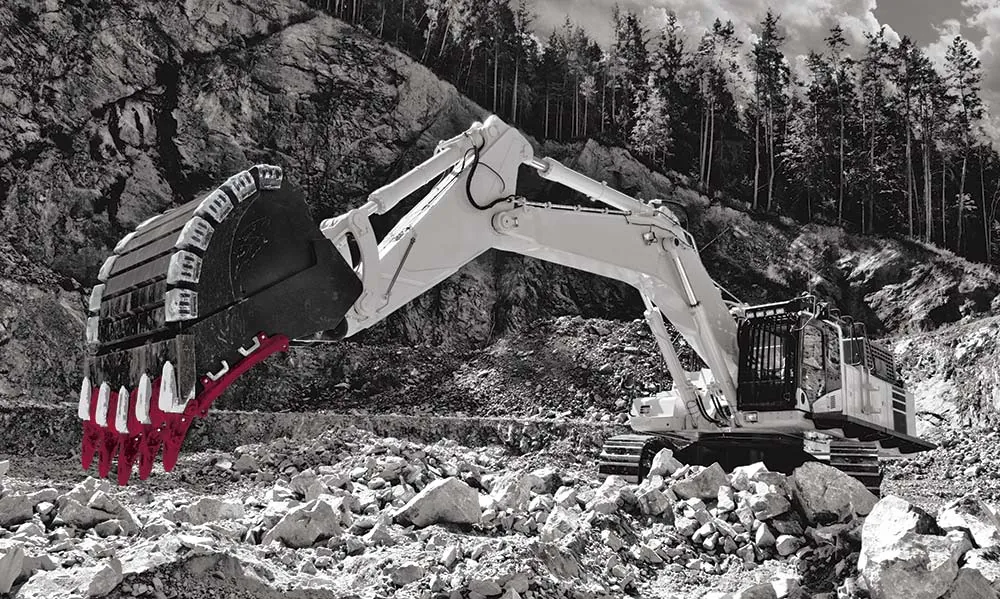 Mining excavator digging with an MTG tooth system in red