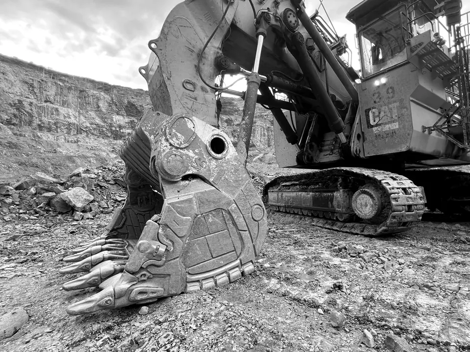 MTG bucket with its teeth and shrouds on a Caterpillar 6040 FS shovel in a diamond mine in Angola