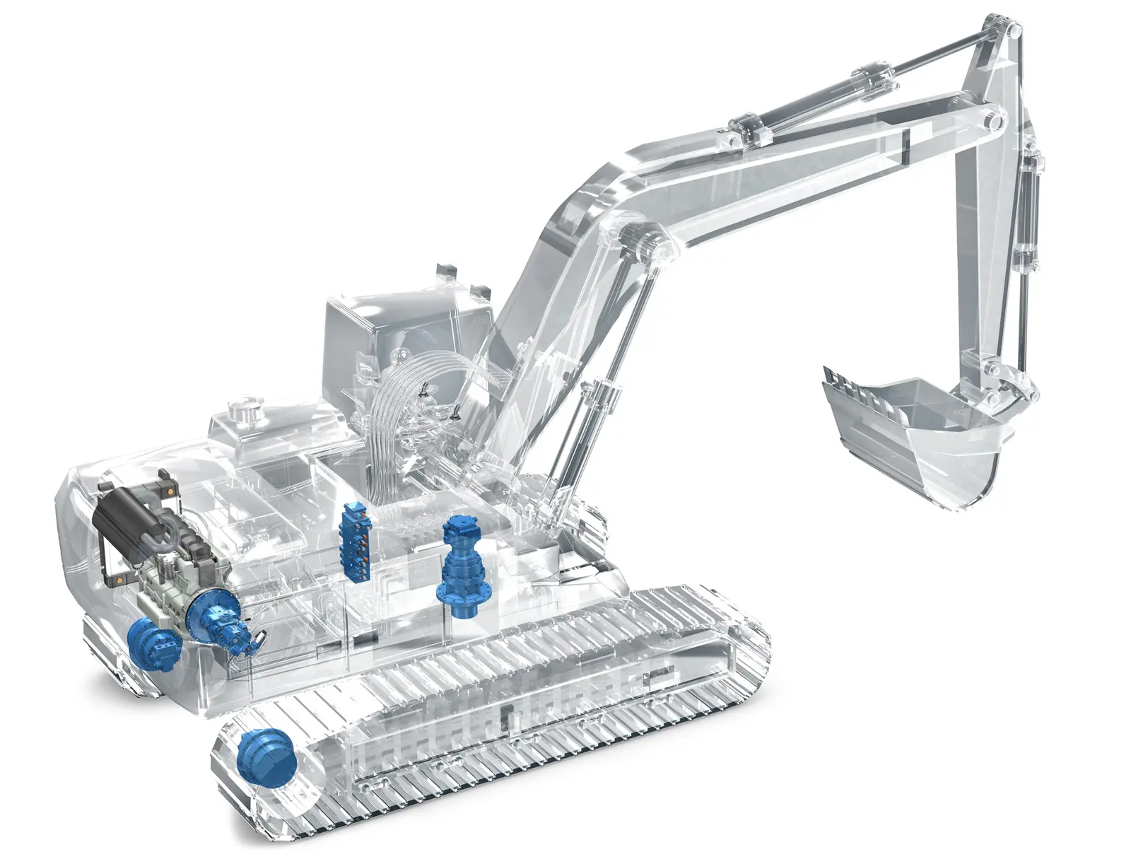 Transparent excavator view showing its Bosch Rexroth hydraulic components